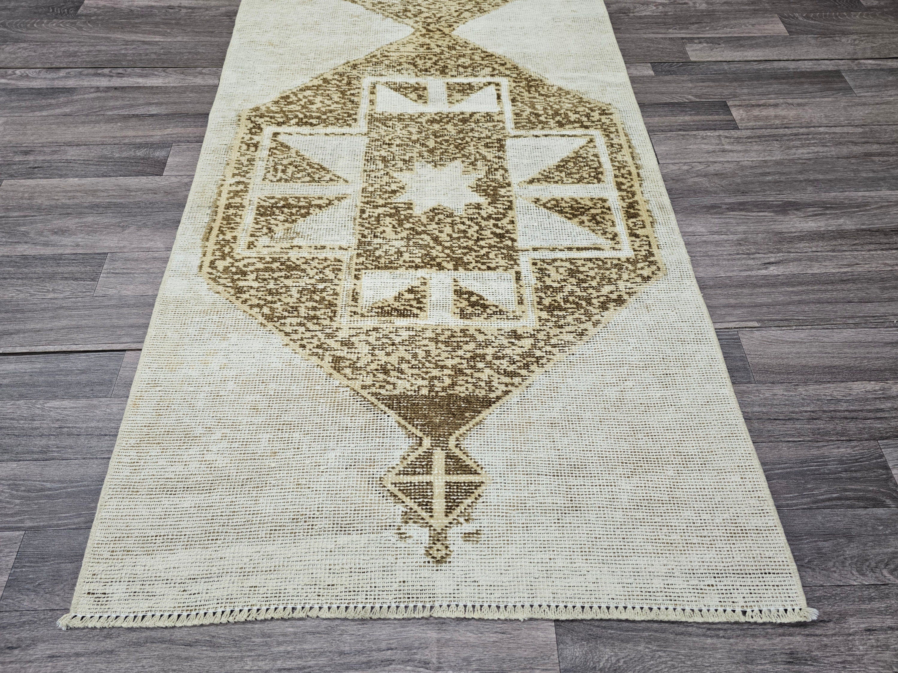 Vintage Turkish Oushak Runner Rug: 3x13 Neutral Wool Hallway Carpet