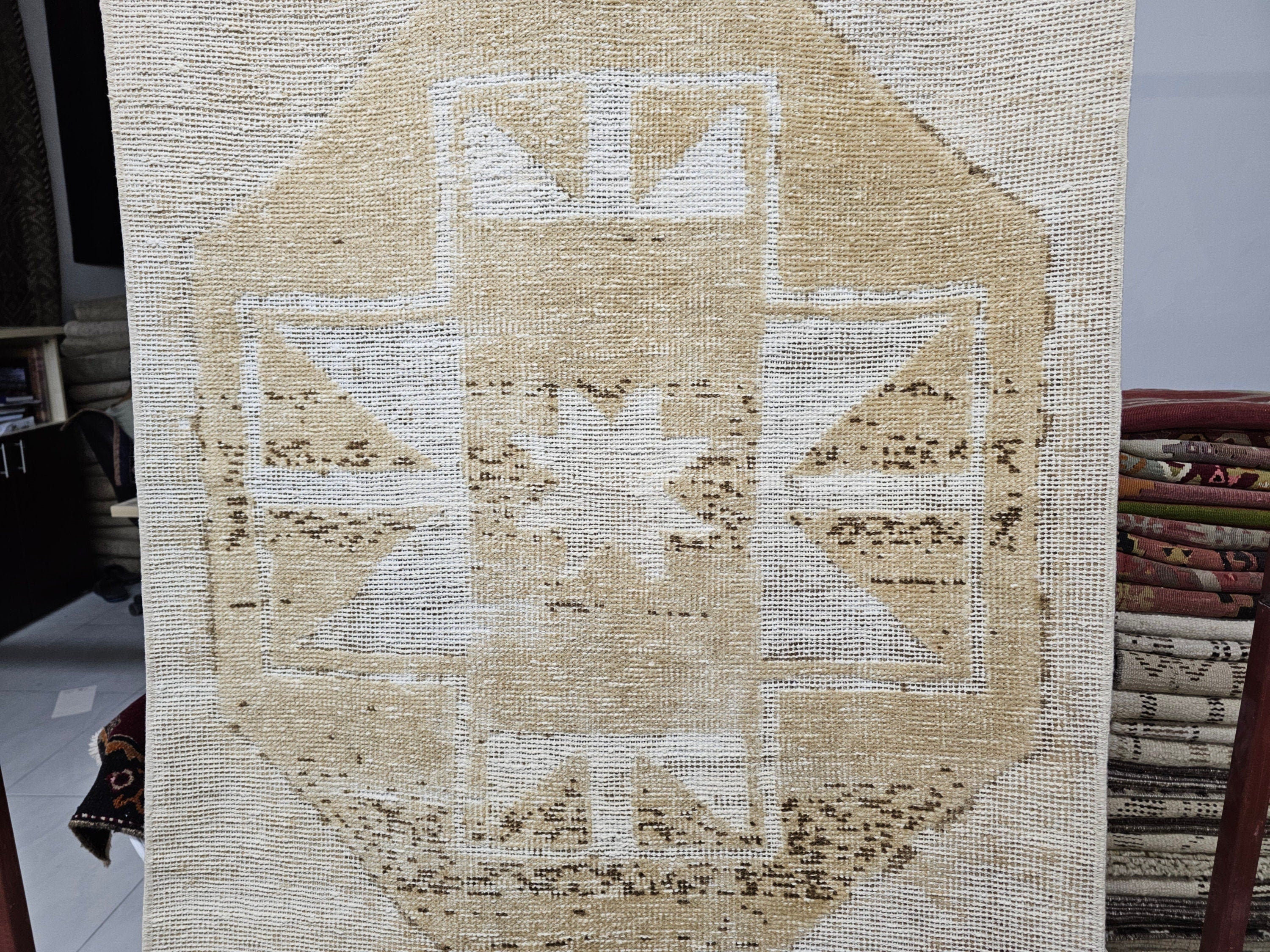 Vintage Turkish Oushak Runner Rug: 3x13 Neutral Wool Hallway Carpet