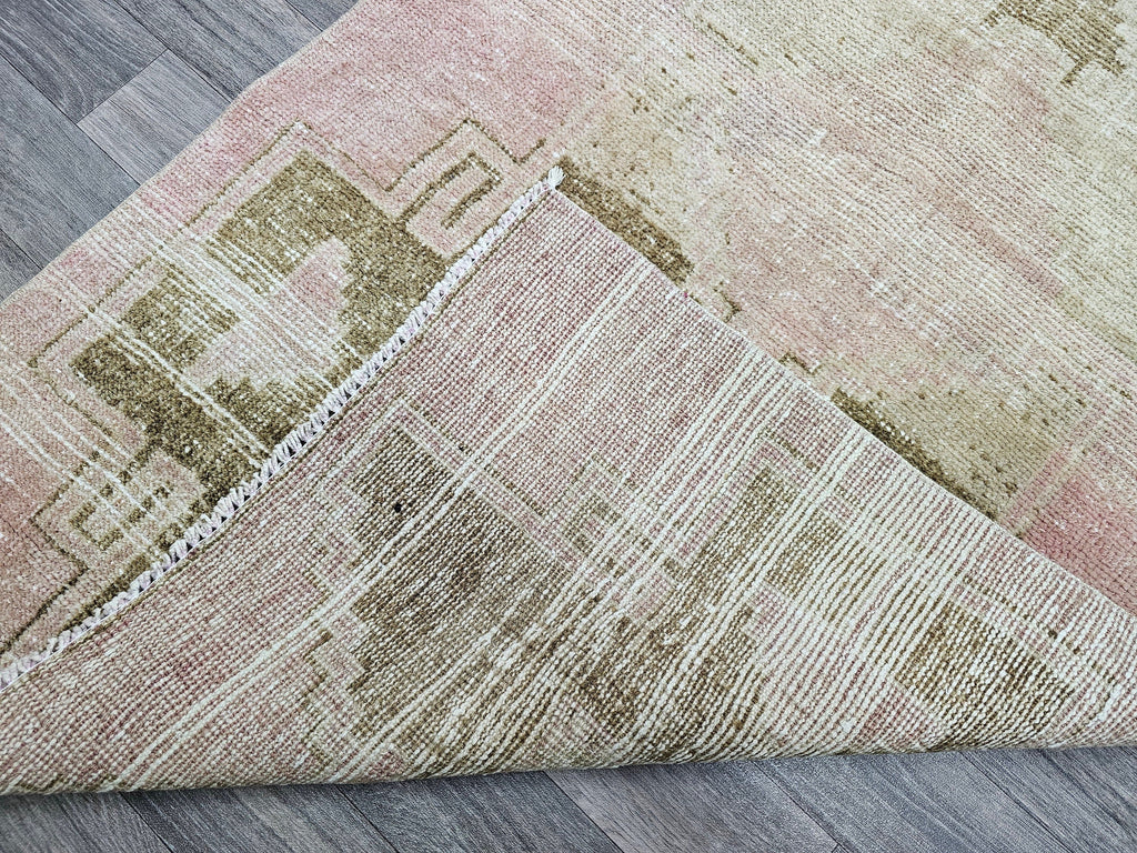 Handmade Wool Turkish Runner Rug: 3x13 Pink Vintage Oushak Design