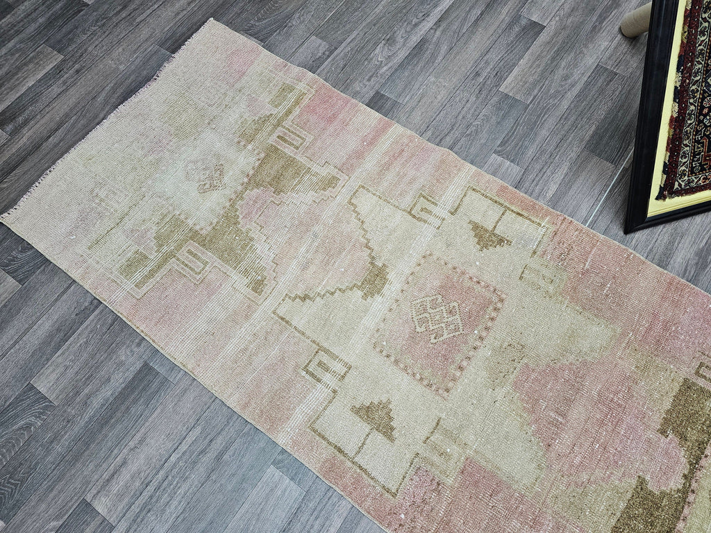 Handmade Wool Turkish Runner Rug: 3x13 Pink Vintage Oushak Design