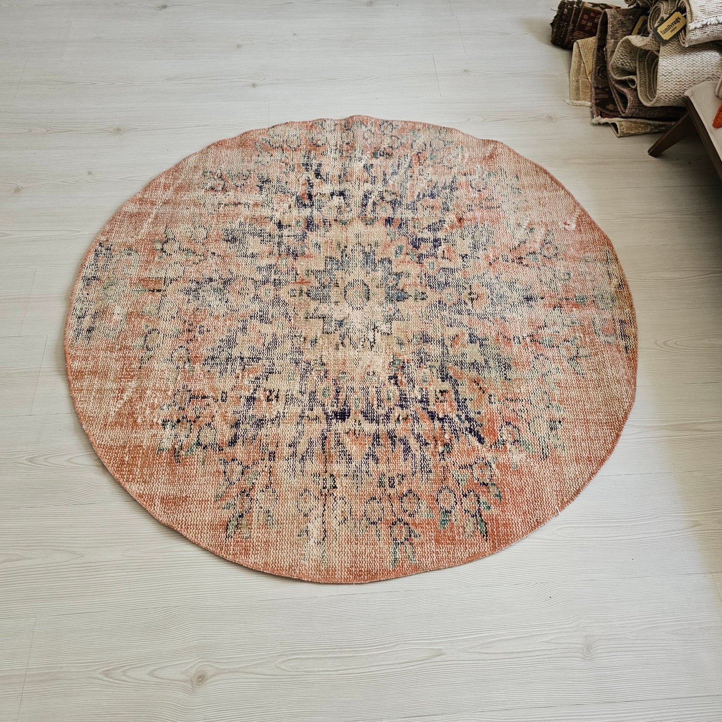 4 feet Round Vintage Turkish doormat - front of rug