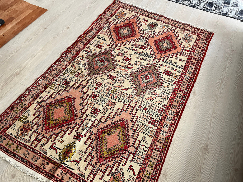 Hand Woven Silk Soumak Rug: Vintage Anatolian Animal Print (4x6)