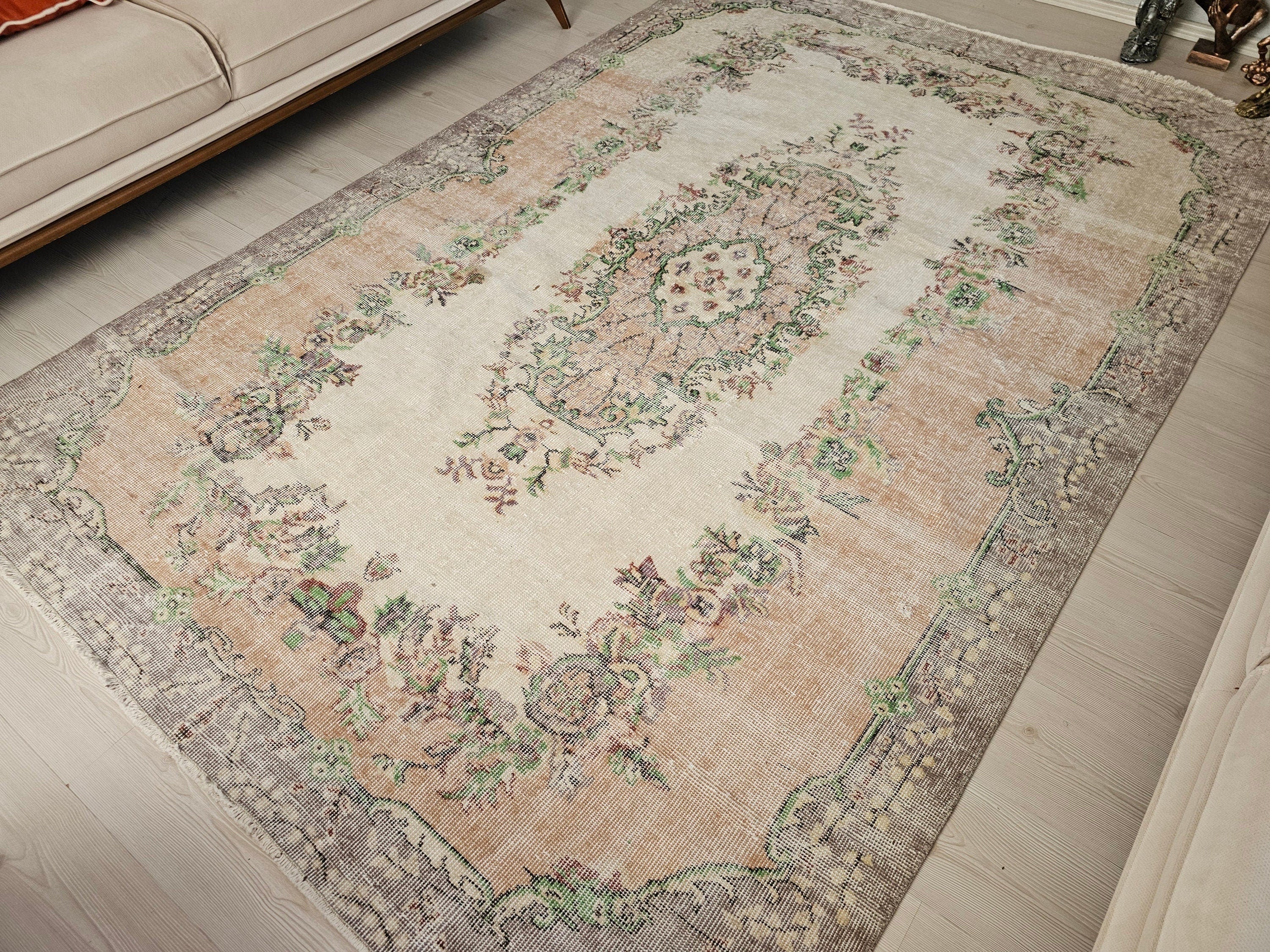 Vintage Turkish Wool Rug: 6x9 Anatolian Isparta Rug, Rustic Decor