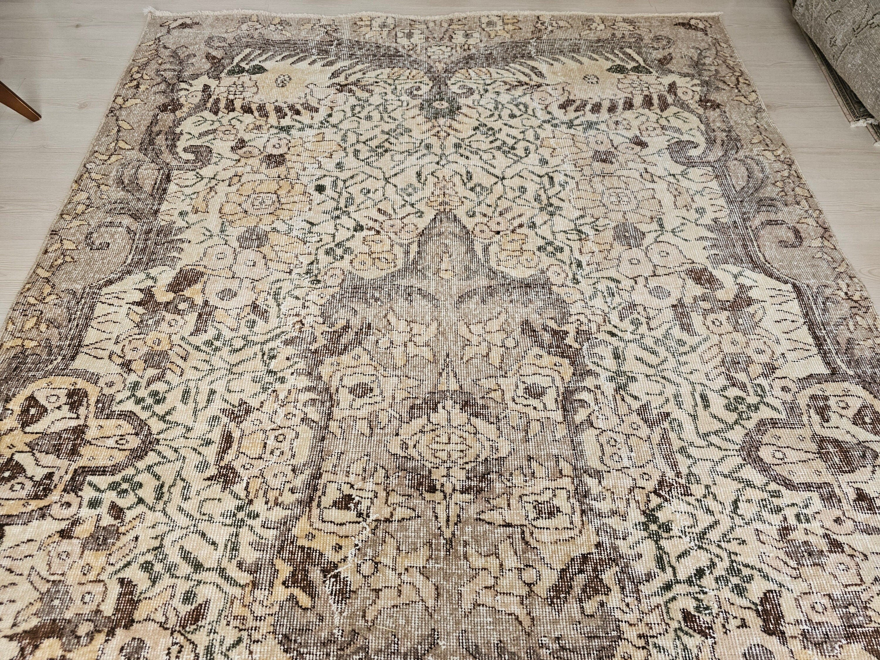 Hand Knotted Wool Turkish Oushak Rug 6x9: Vintage Anatolian Design