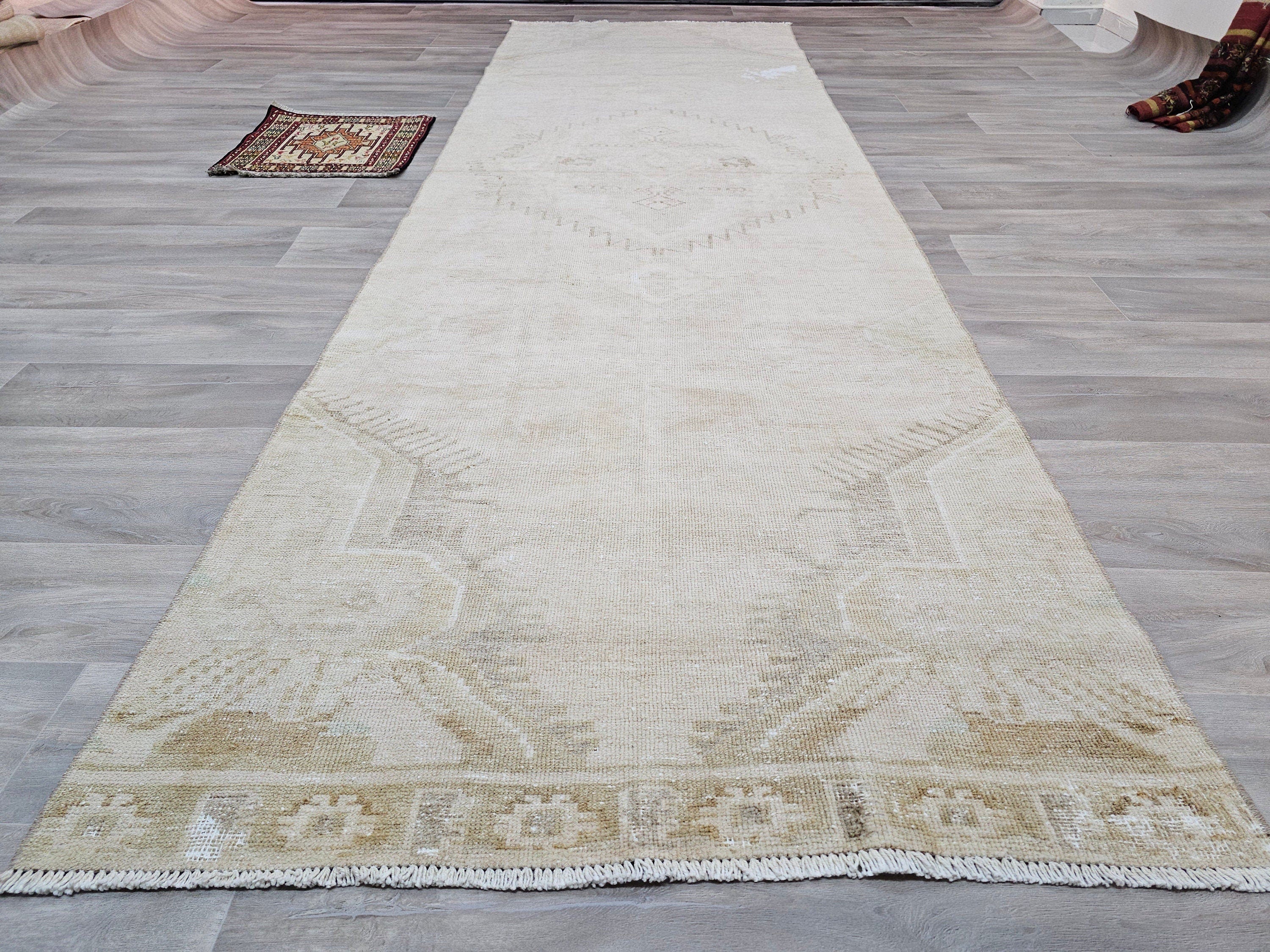 Hand Knotted Wool Turkish Runner Rug: Beige Brown Oushak, 4x12.5 ft