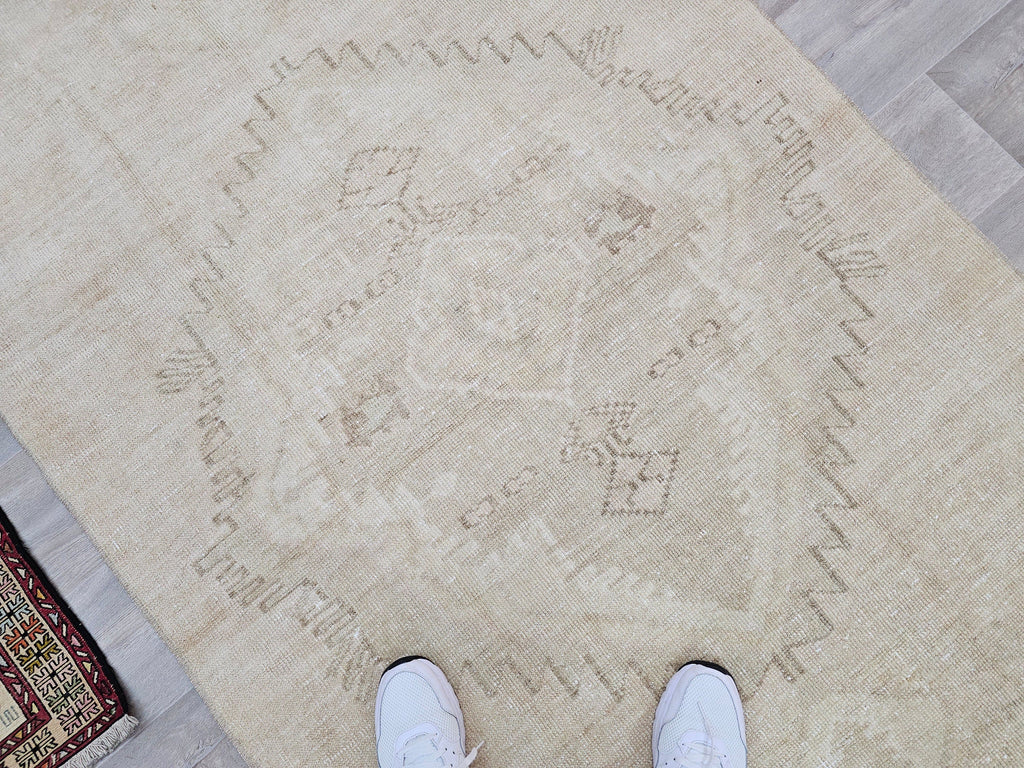 Hand Knotted Wool Turkish Runner Rug: Beige Brown Oushak, 4x12.5 ft