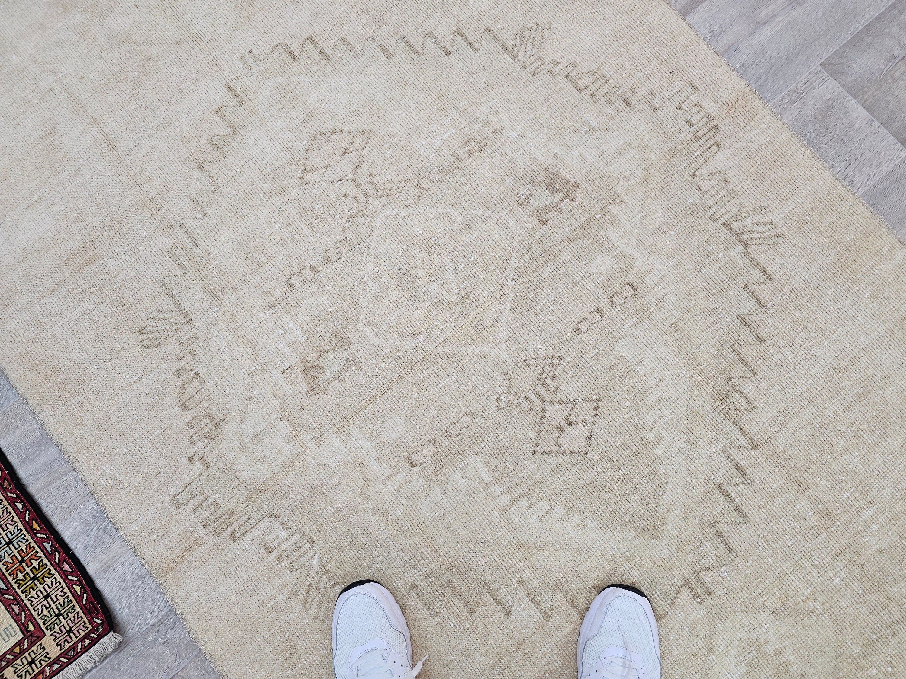 Hand Knotted Wool Turkish Runner Rug: Beige Brown Oushak, 4x12.5 ft