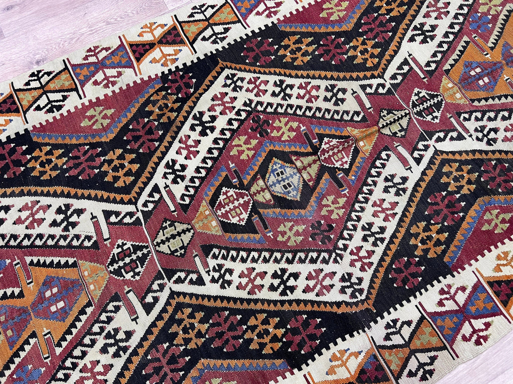 Vintage Turkish Kilim Runner: Wide Vegetable Dyed Wool Rug