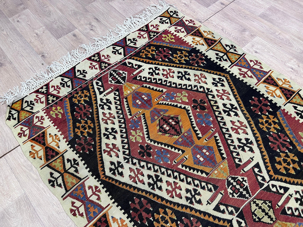 Vintage Turkish Kilim Runner: Wide Vegetable Dyed Wool Rug