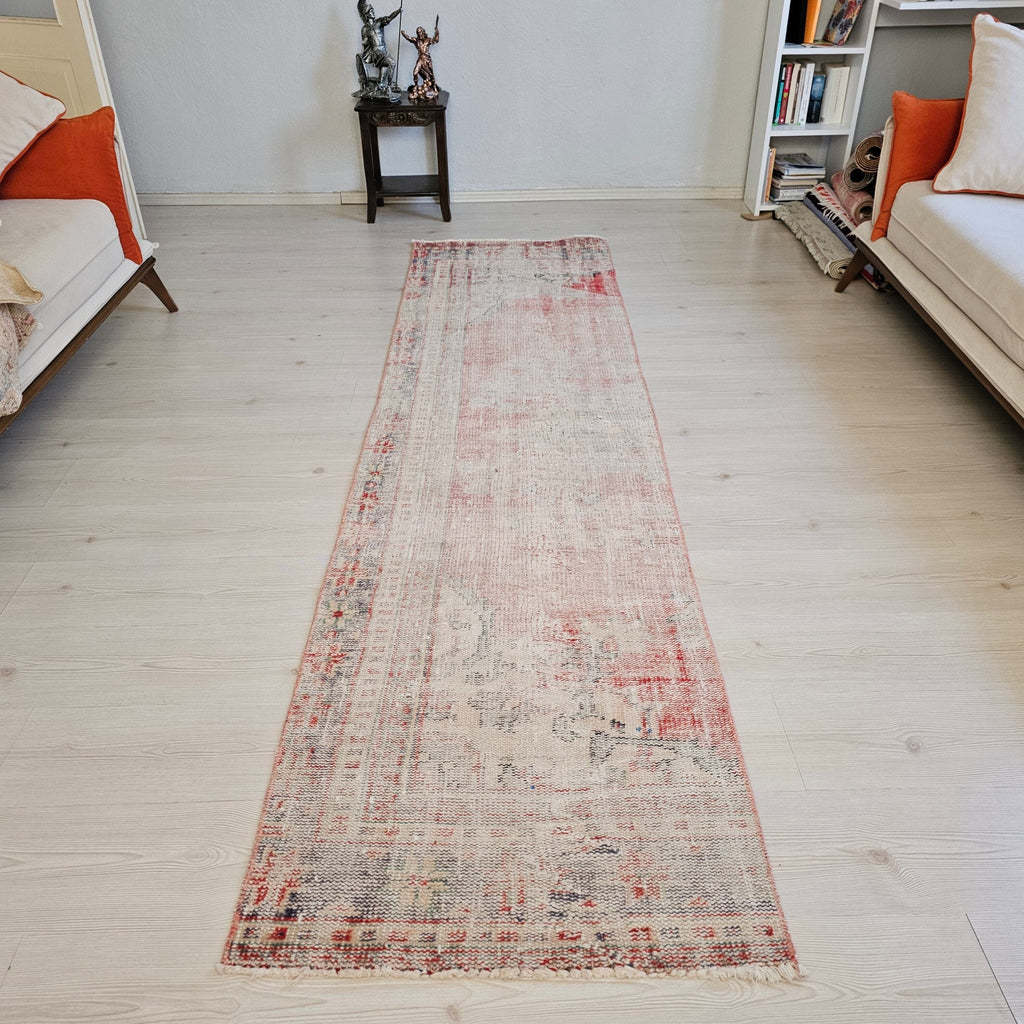 Vintage Turkish Runner Rug: Handwoven Wool Oushak, 9 ft Faded Hallway Rug