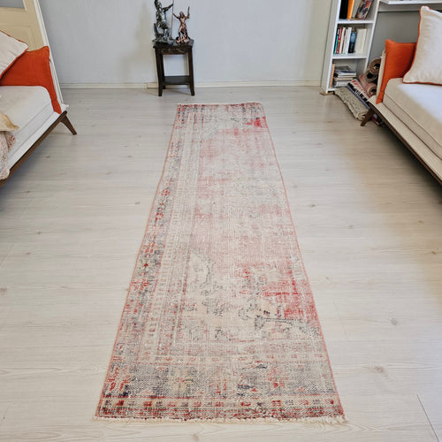 2x9 Vintage Turkish Runner Rug: Muted pastel Color Handwoven Wool Oushak Runner, 9 feet Faded Hallway Rug