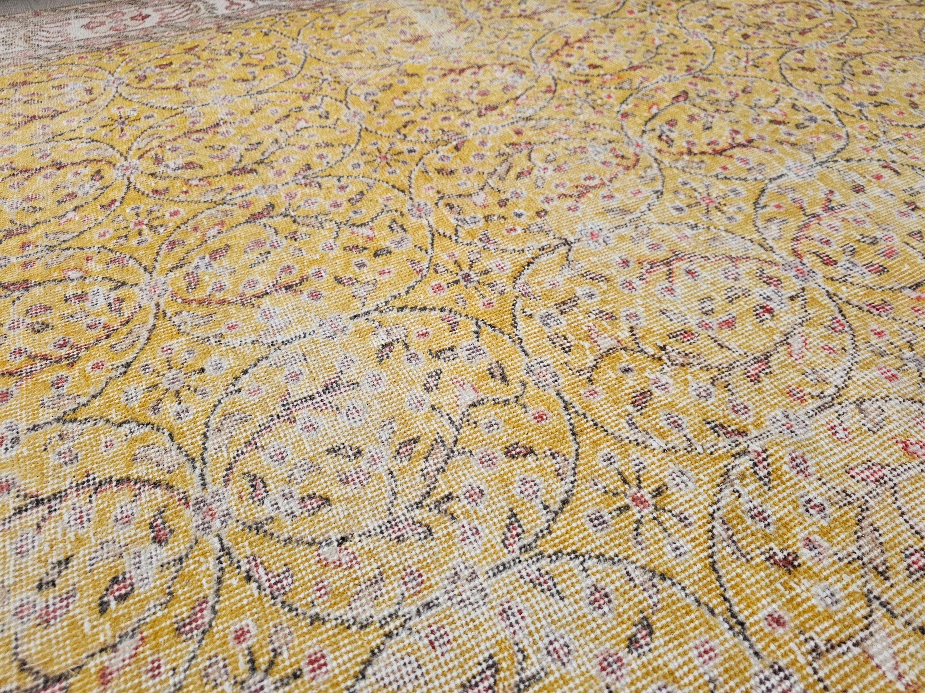 7x10 feet Vintage Hand Knotted Oushak Area Rug Yellow and Pink and Cream Border