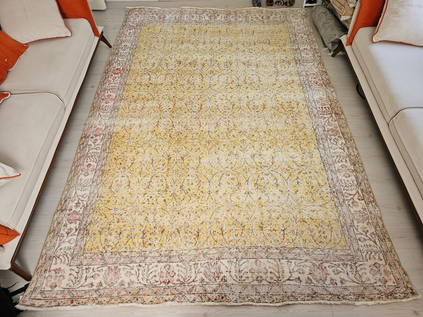 7x10 feet Vintage Hand Knotted Oushak Area Rug Yellow and Pink and Cream Border