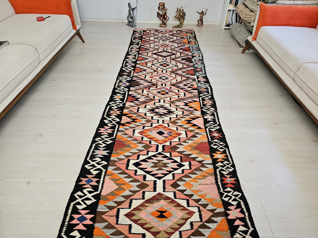 Geometric Wool Turkish Runner Rug: Vintage Oushak Design, 3x11 ft