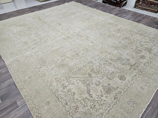 10x12 Oversize Neutral Area Rug | Hand Knotted Muted Oushak Rug | Faded Vintage Wool Carpet | Large Turkish Floor Covering | Boho Home Decor