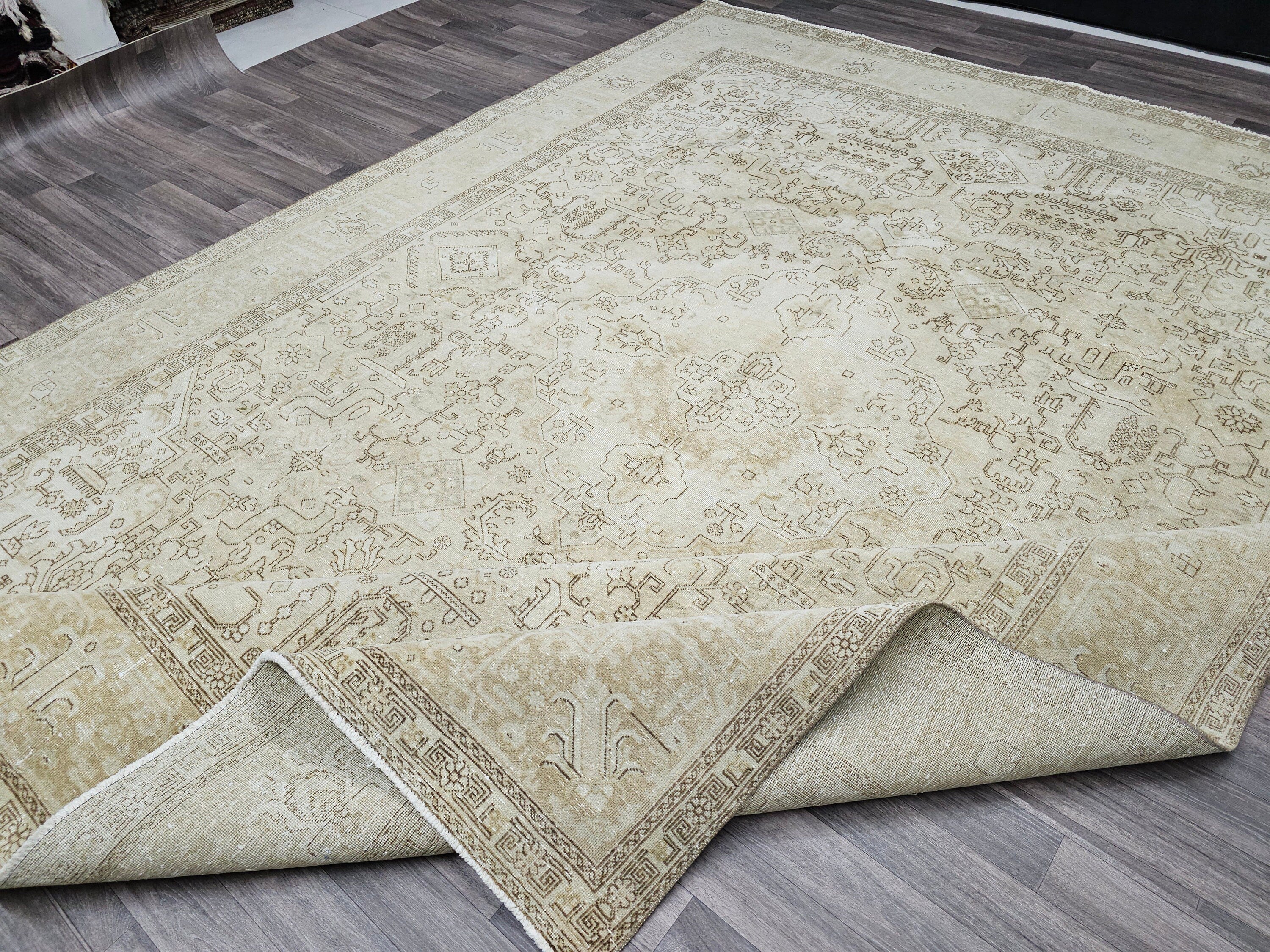 Oversize 9x13 Vintage Wool Oushak Rug: Muted Turkish Anatolian Carpet