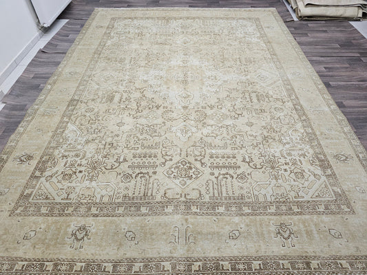 9.40x12.70 feet Cream Vintage Turkish Rug - Neutral Area Rug 10x12 - Oversized Persian Design Rug - Wool Oushak Rug - Scandinavian Decor Rug