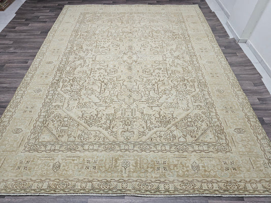 9.60x12.60 Feet Neutral Area Rug, Hand Knotted Wool Geometric Carpet, Oversize Muted Turkish Rug for Living Room