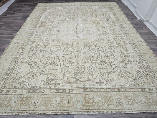 9x12 Hand Knotted Vintage Area Rug with Muted Geometric Oushak Design, Faded Turkish Rug in Beige, Brown, and Tan Hues,  Living Room Carpet