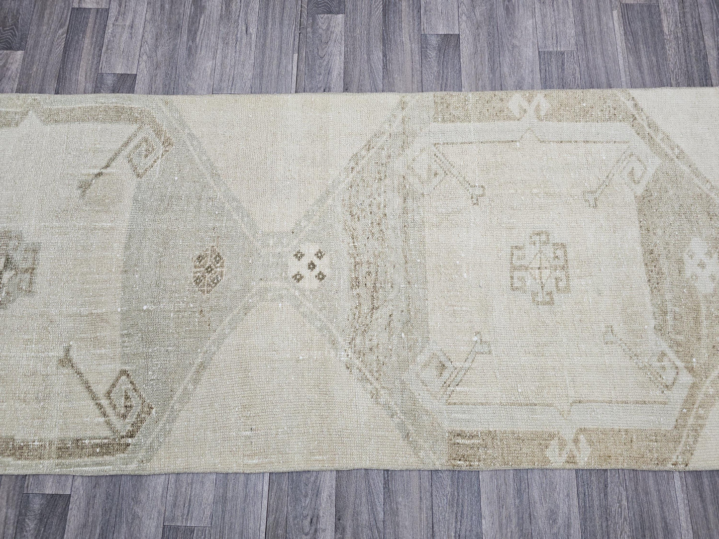 3x14 Vintage Turkish Oushak Runner, Hand Knotted Neutral Wool, Elegant Long Hallway Rug, Unique Traditional Design, Beige Muted Tones