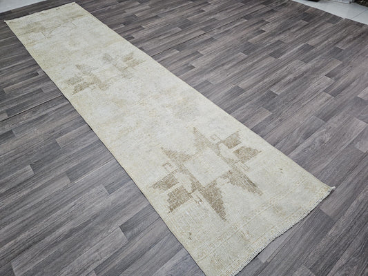 Neutral Vintage Runner/ 2.80x11.55 feet / Hand Knotted Wool Oushak Runner for Aisle and Corridor / Muted Anatolian Runner