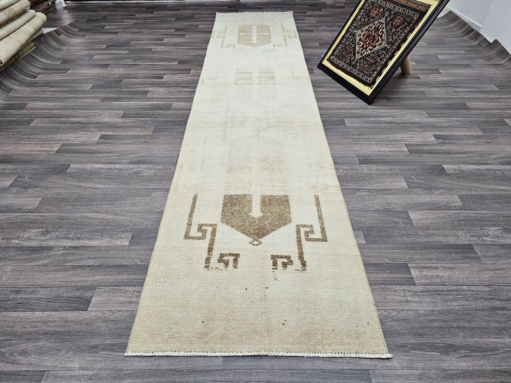 Hand-Knotted Wool Runner: Beige Cream Brown Antique Hallway Rug