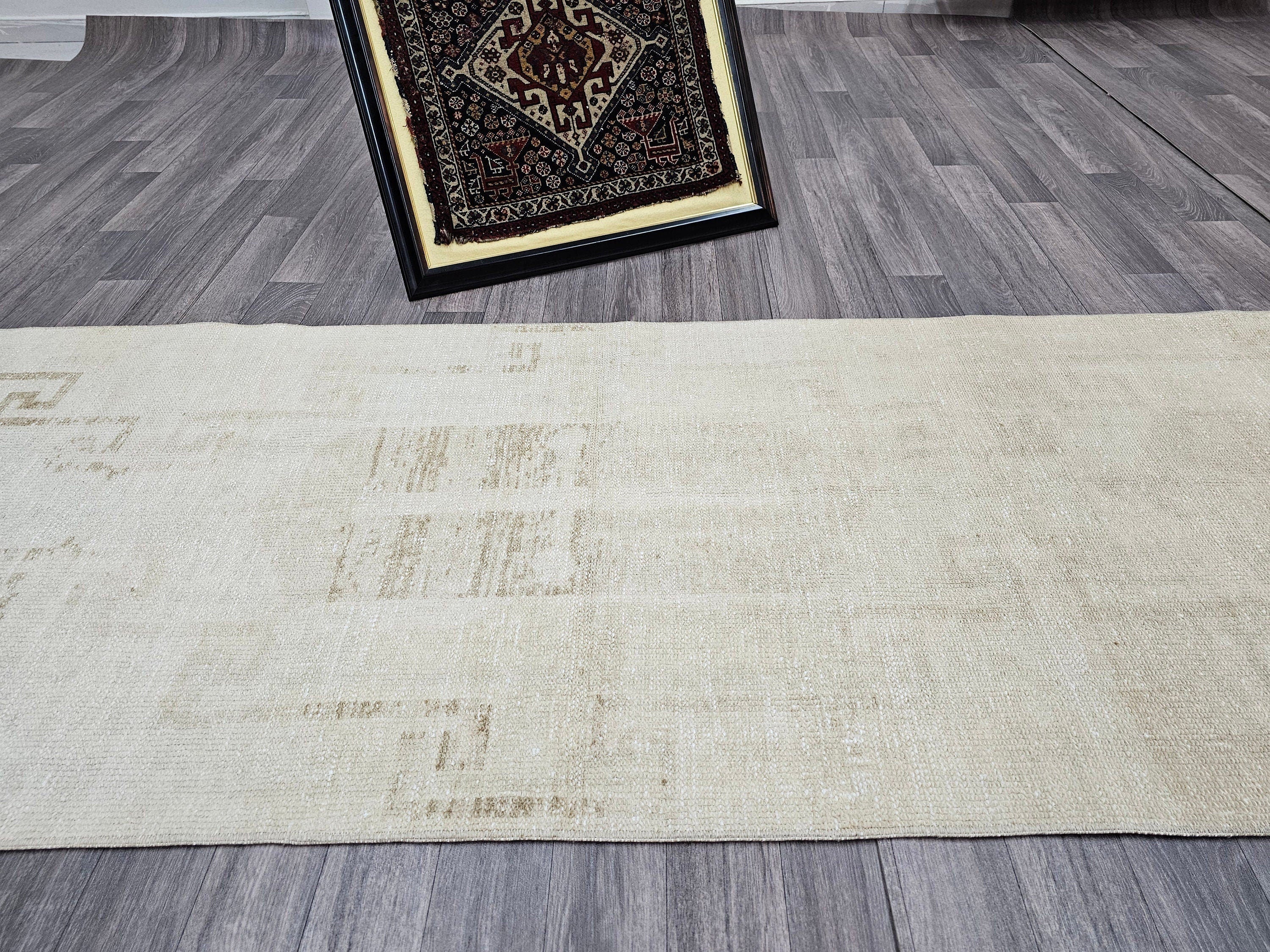 Hand-Knotted Wool Runner: Beige Cream Brown Antique Hallway Rug