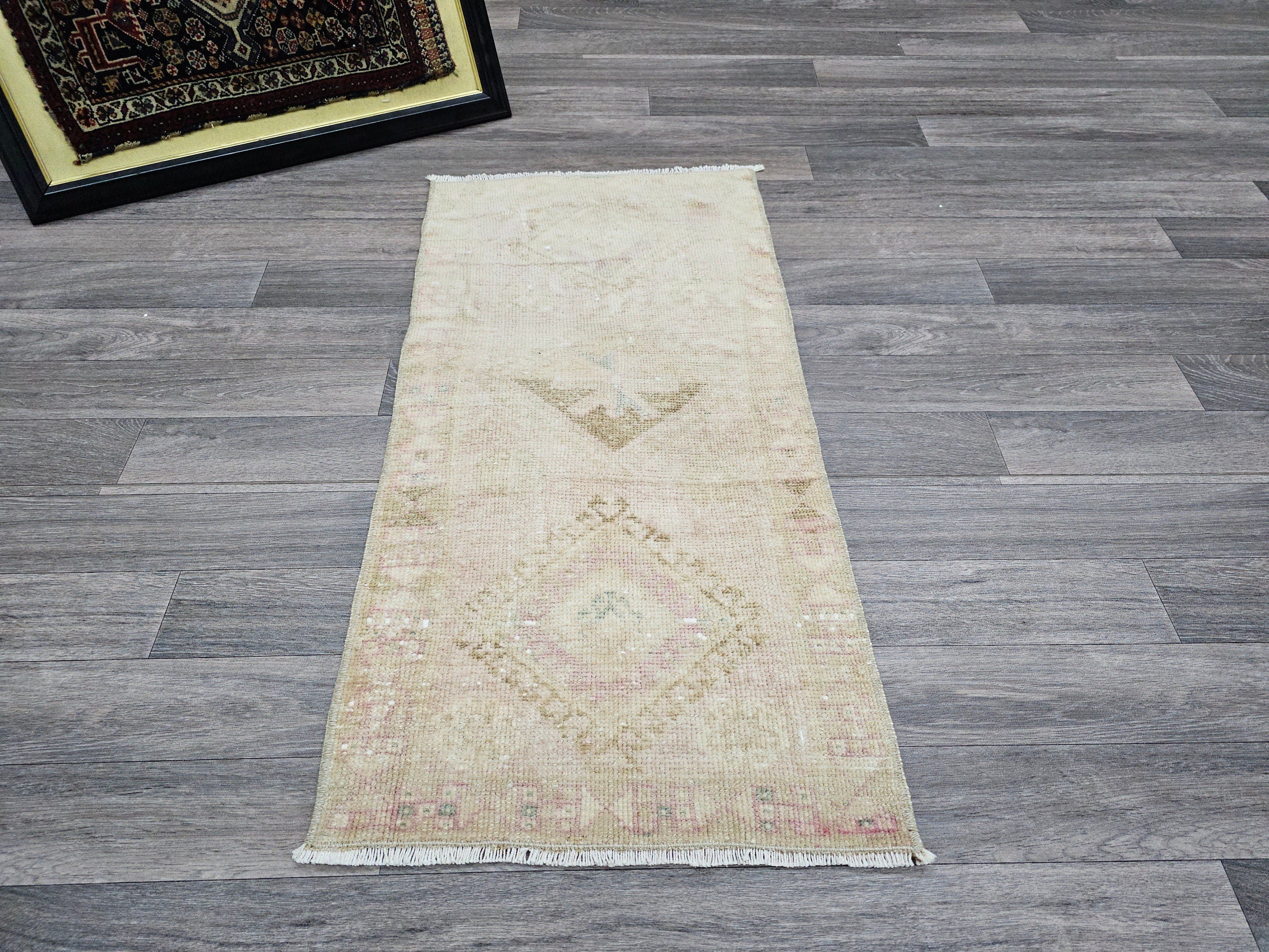 Handwoven Turkish Wool Rug: Faded Green Vintage Bath Mat (20x40 in)