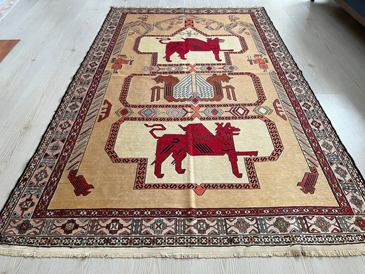 4x6 Silk Soumak Rug - Hand Knotted Vintage Decorative Rug - Animal Design Traditional Rug