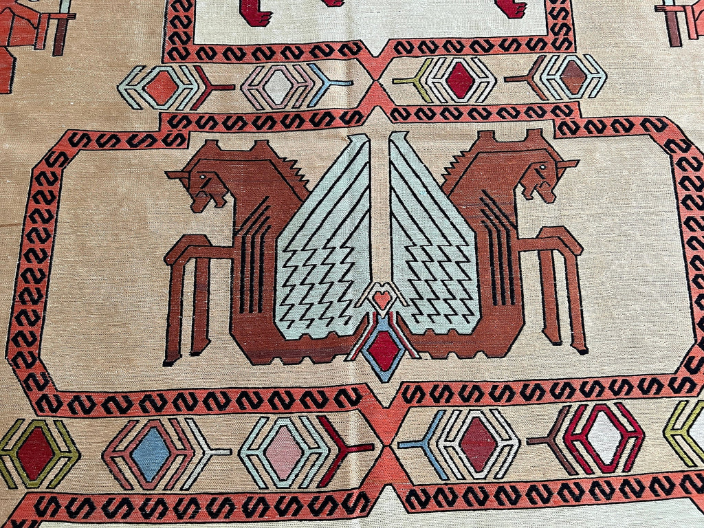 4x6 Silk Soumak Rug: Hand-Knotted Vintage Animal Design