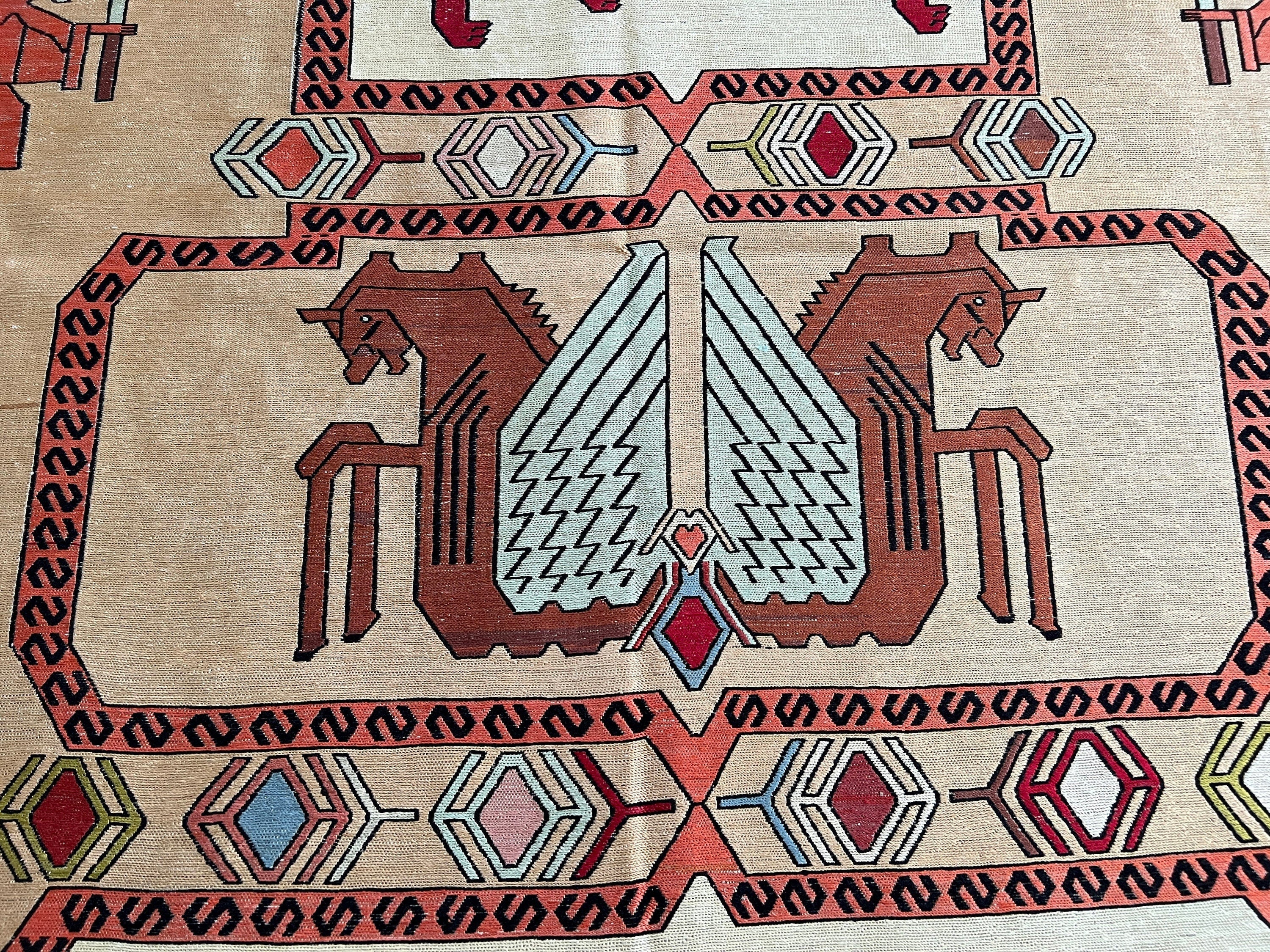 4x6 Silk Soumak Rug: Hand-Knotted Vintage Animal Design