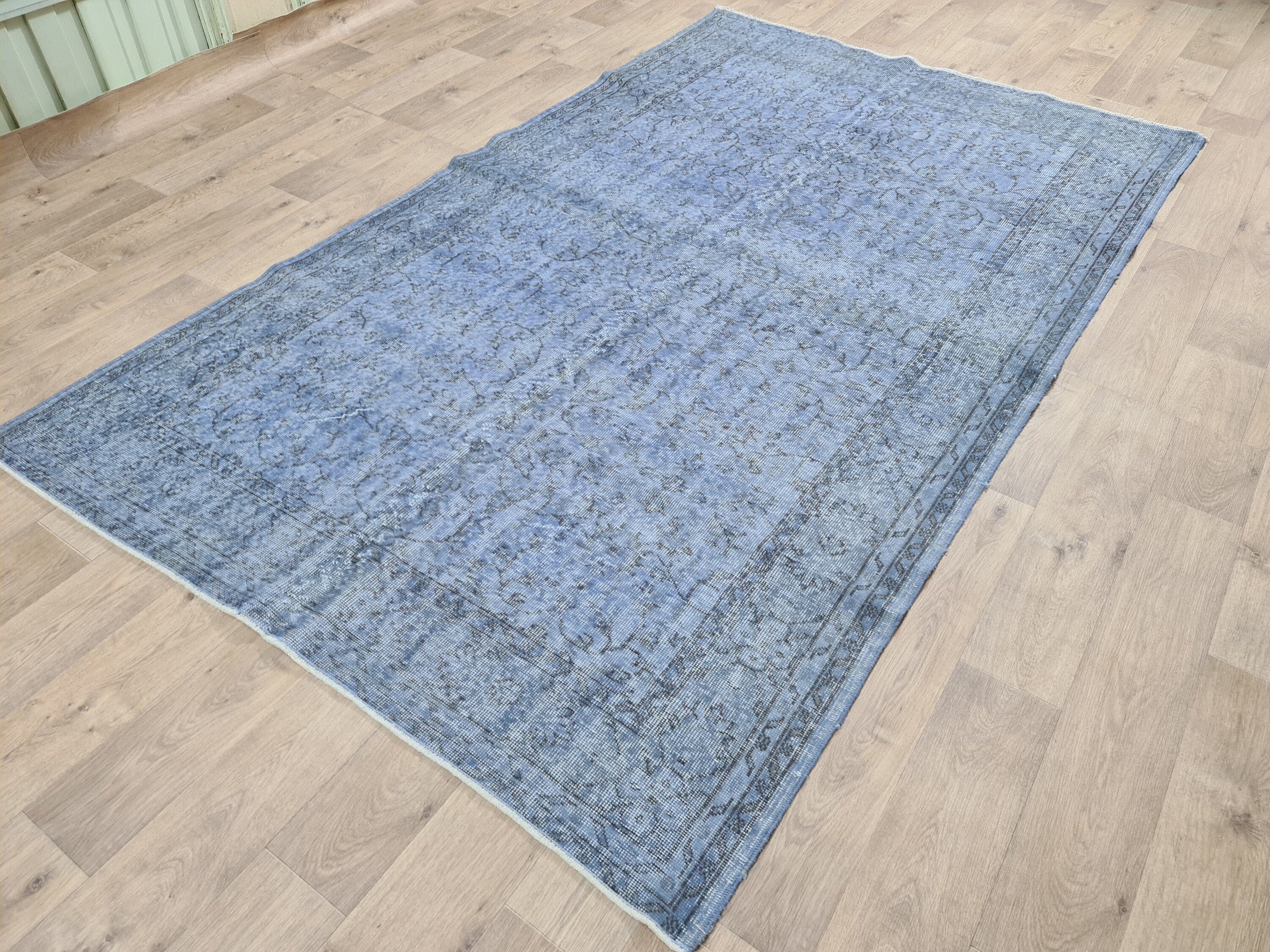 Hand Knotted Vintage Turkish Wool Rug: 6x9 Blue Oushak Carpet