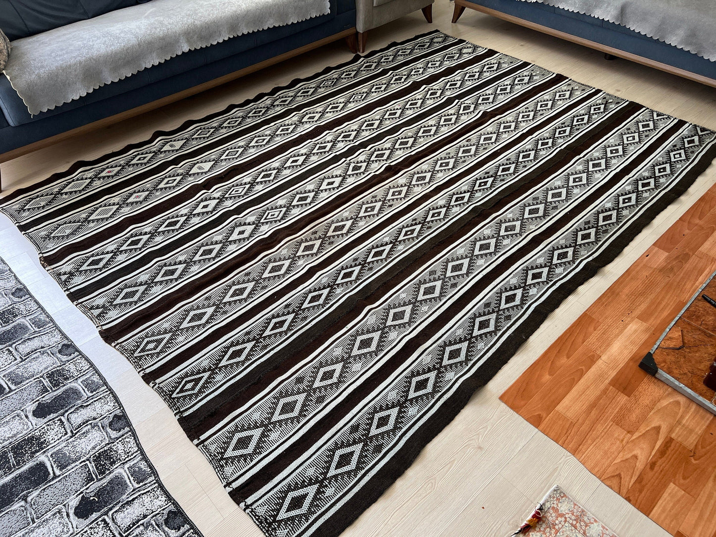 Anatolian Striped Kilim Rug Black and White / 6.60x9.20 feet