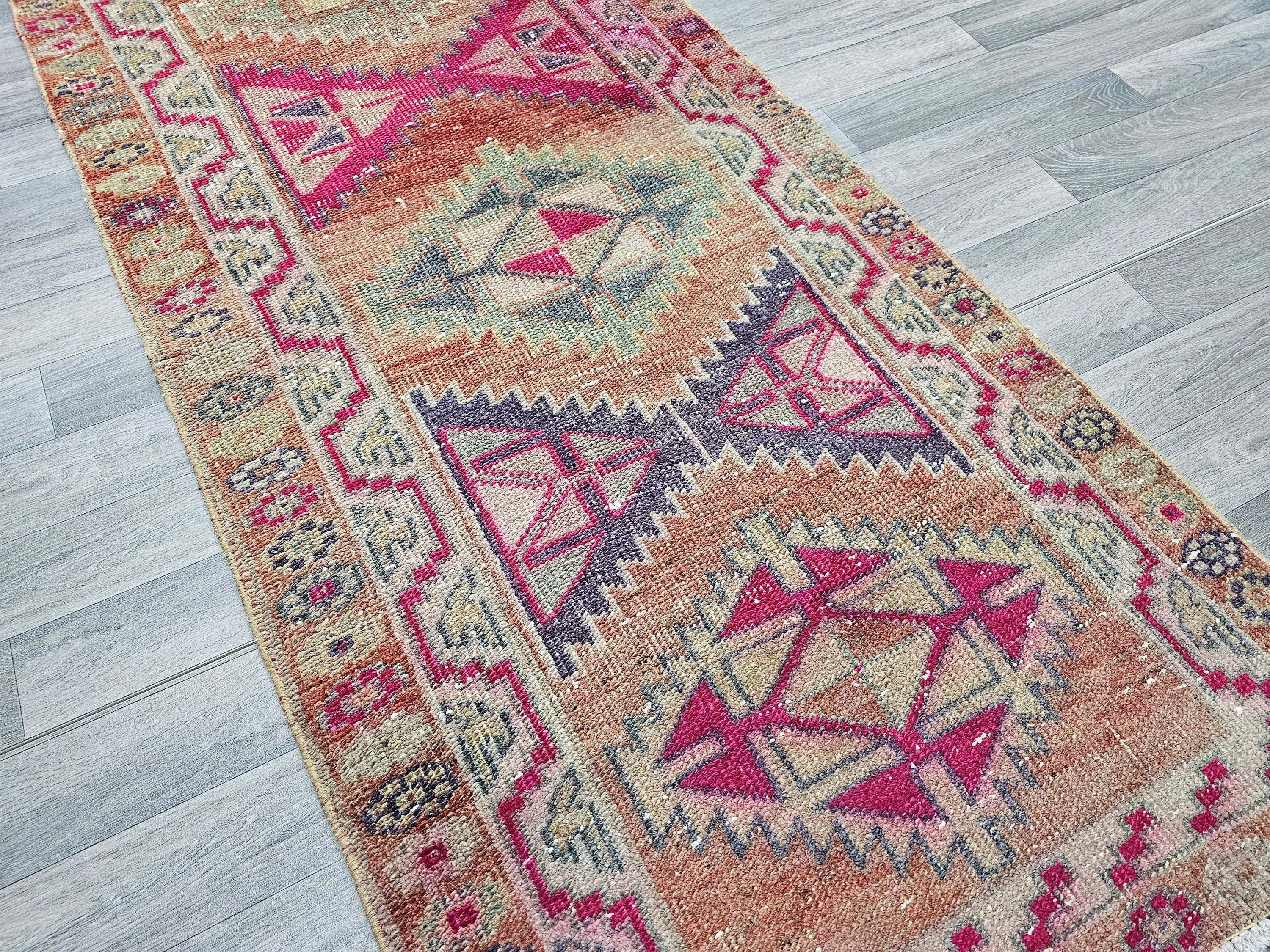 Vintage Herki Wool Runner Rug: 3x13 Rustic Hallway Decor