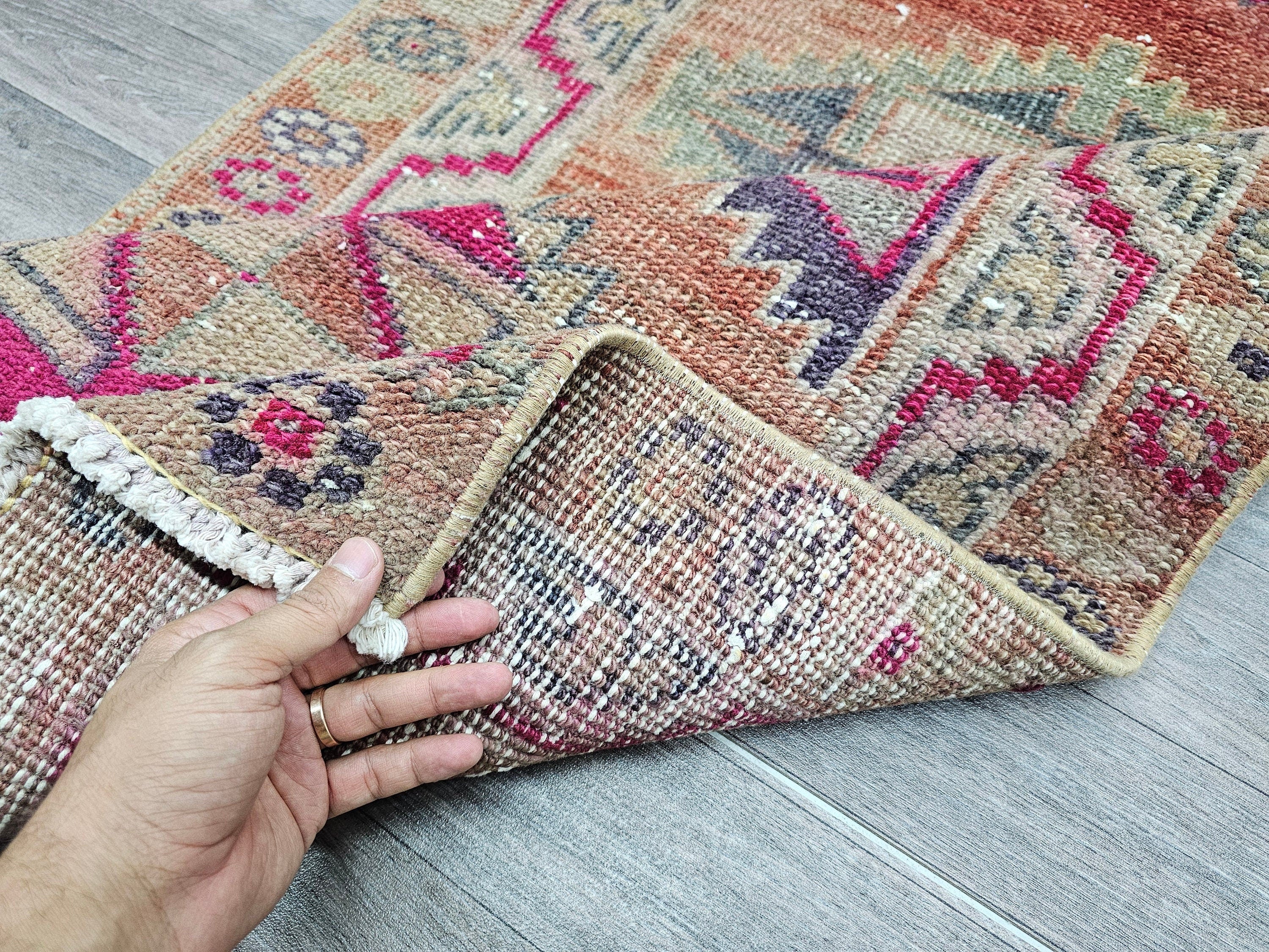 Vintage Herki Wool Runner Rug: 3x13 Rustic Hallway Decor