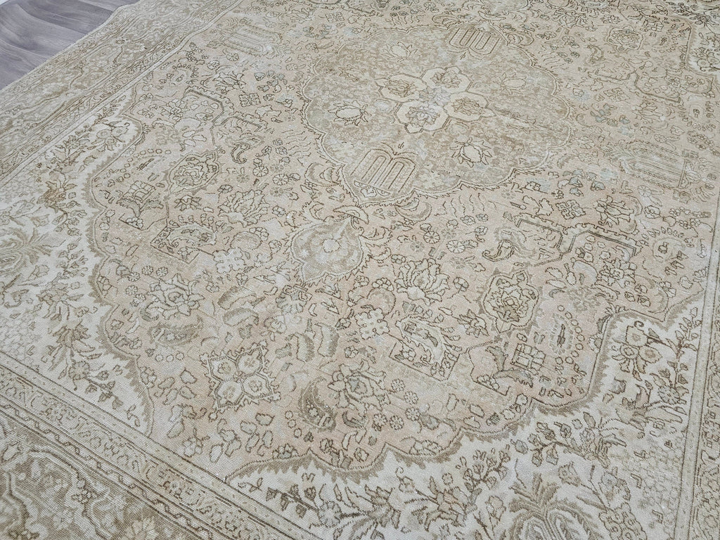 9x12 Wool Oushak Rug: Neutral Beige Faded Turkish Area Rug