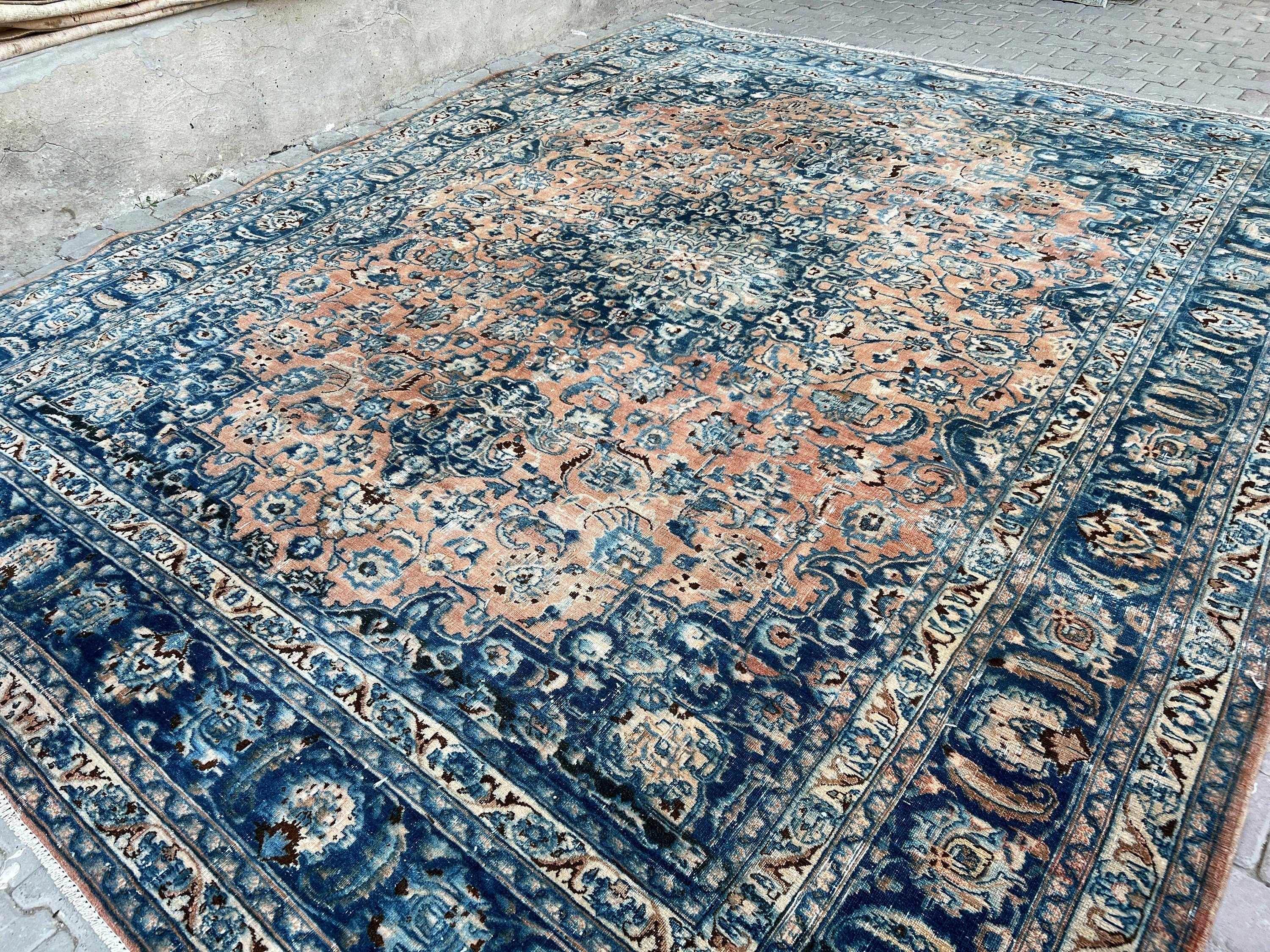 Large Vintage Oushak Rug: 9.60x12.20 ft, Hand-Knotted Wool Carpet