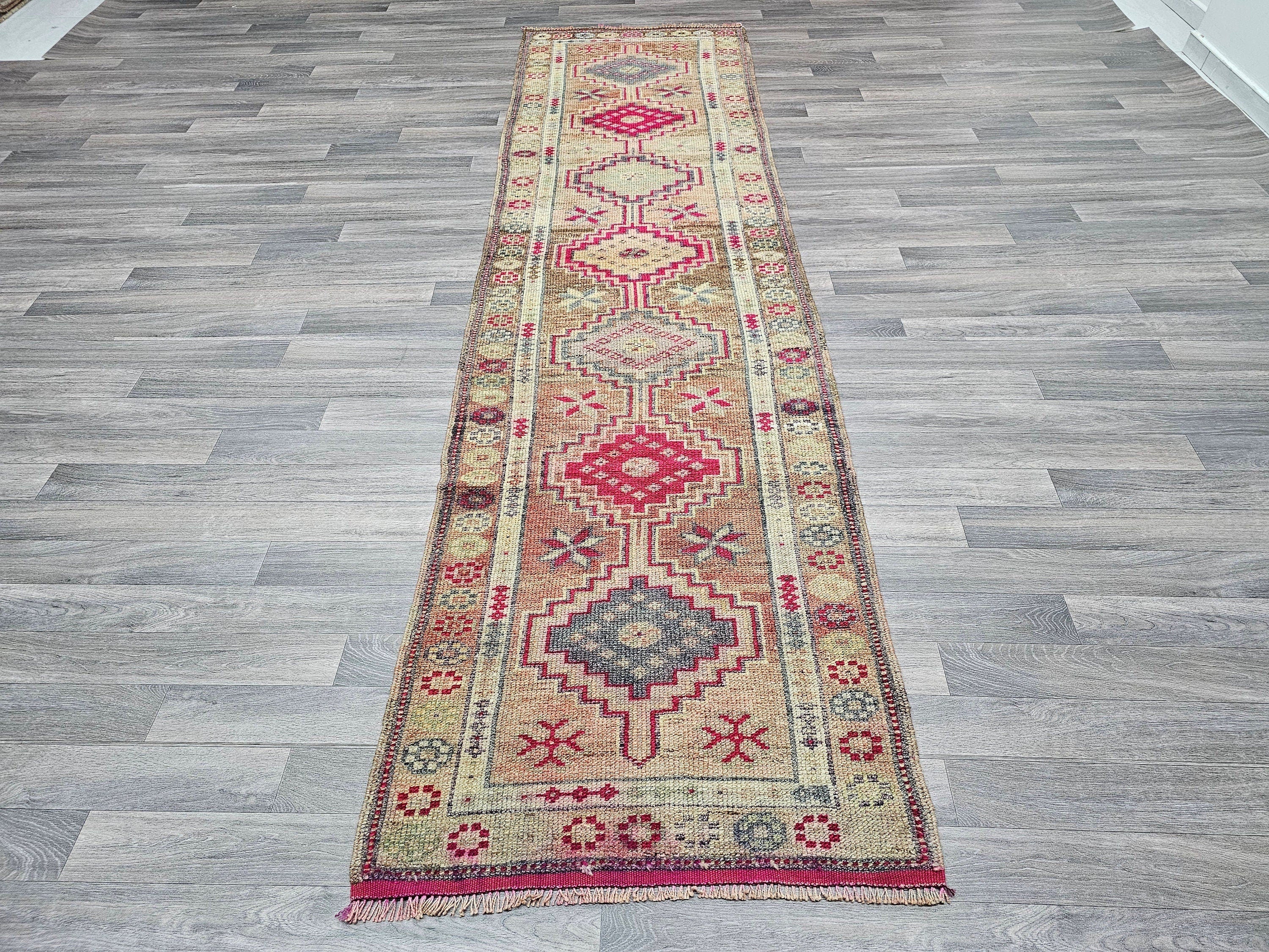 Vintage Herki Wool Runner Rug: 3x10 Muted Anatolian Hallway Decor
