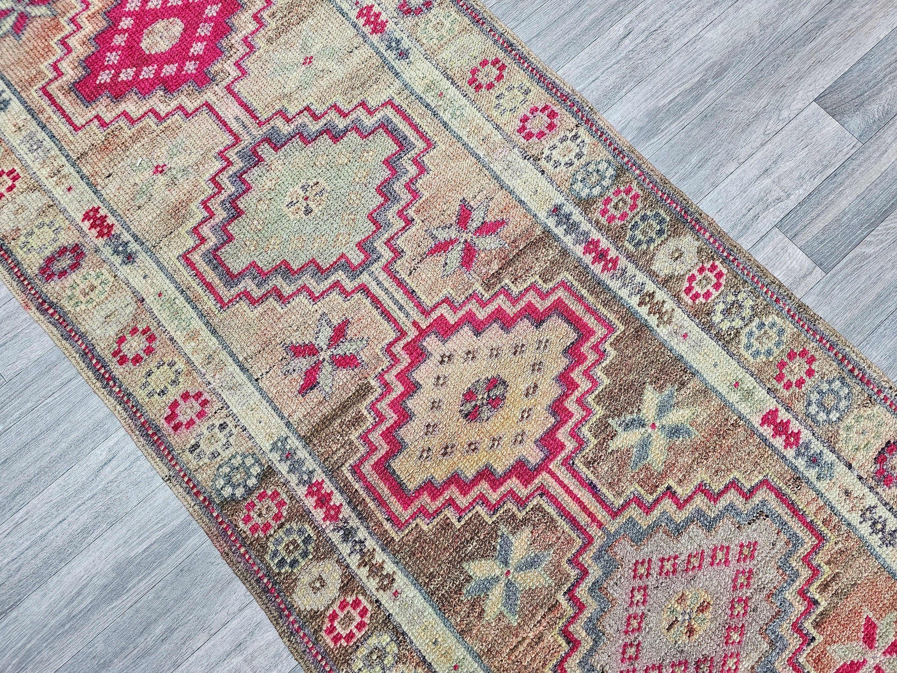 Vintage Herki Wool Runner Rug: 3x10 Muted Anatolian Hallway Decor