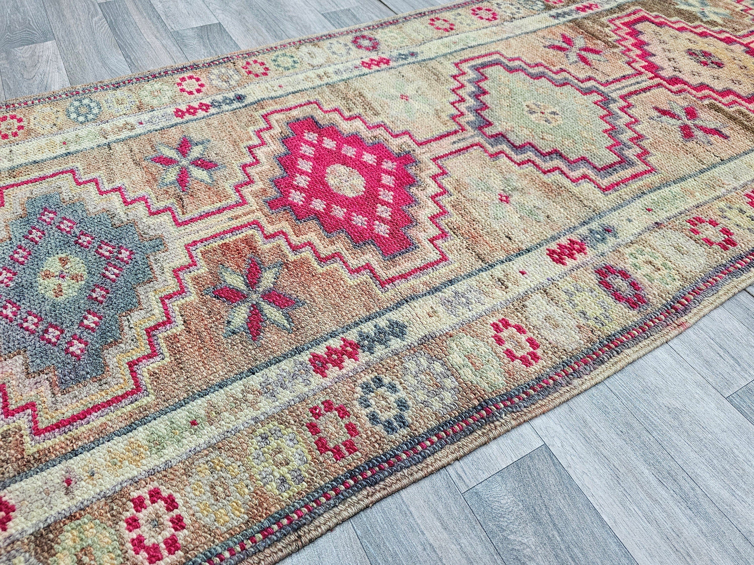 Vintage Herki Wool Runner Rug: 3x10 Muted Anatolian Hallway Decor