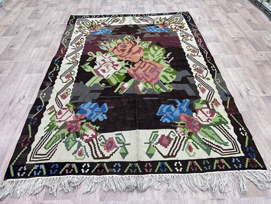 KARABAGH kilim rug / 5.60x7.90 feet / Floral Design Vintage Kilim Rug - Traditional Kilim Rug - Tribal Kilim Rug - Wool Kelim Teppich