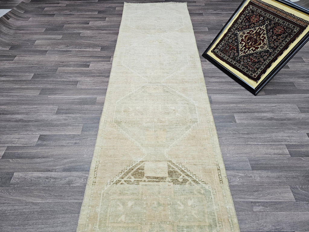 Vintage Turkish Oushak Wool Runner: Beige Brown Distressed Hallway Rug (3x11.6 ft)