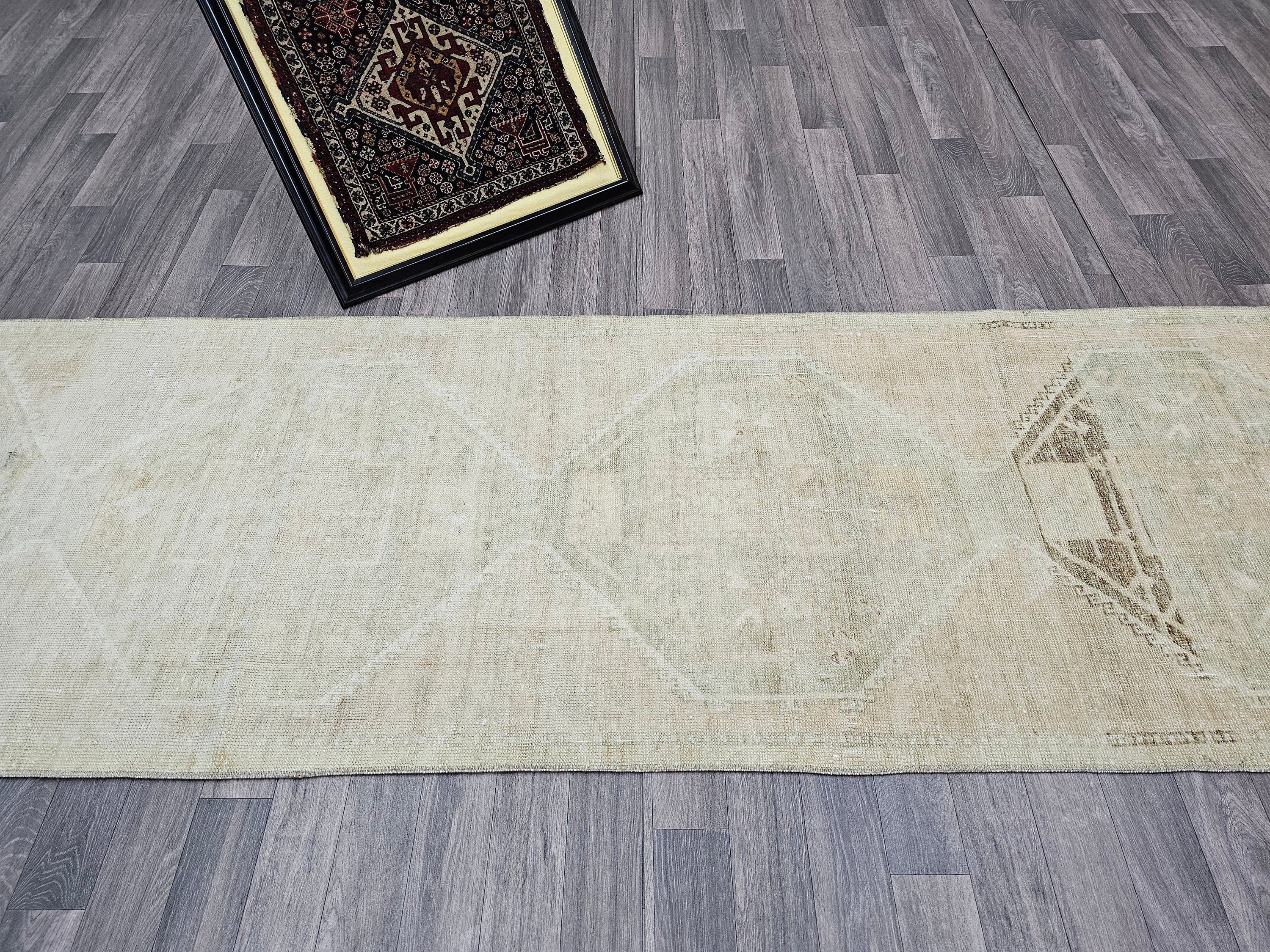 Vintage Turkish Oushak Wool Runner: Beige Brown Distressed Hallway Rug (3x11.6 ft)