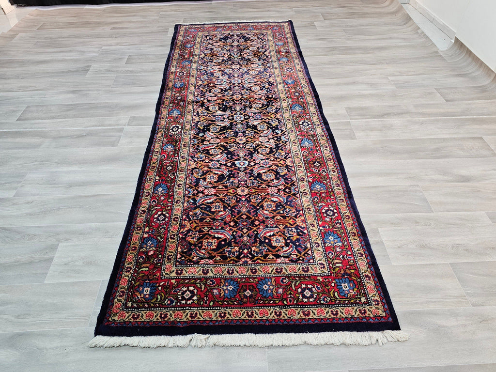 Hand Knotted Wool Turkish Runner Rug: Vintage Anatolian Design (3.90x10.50 ft)