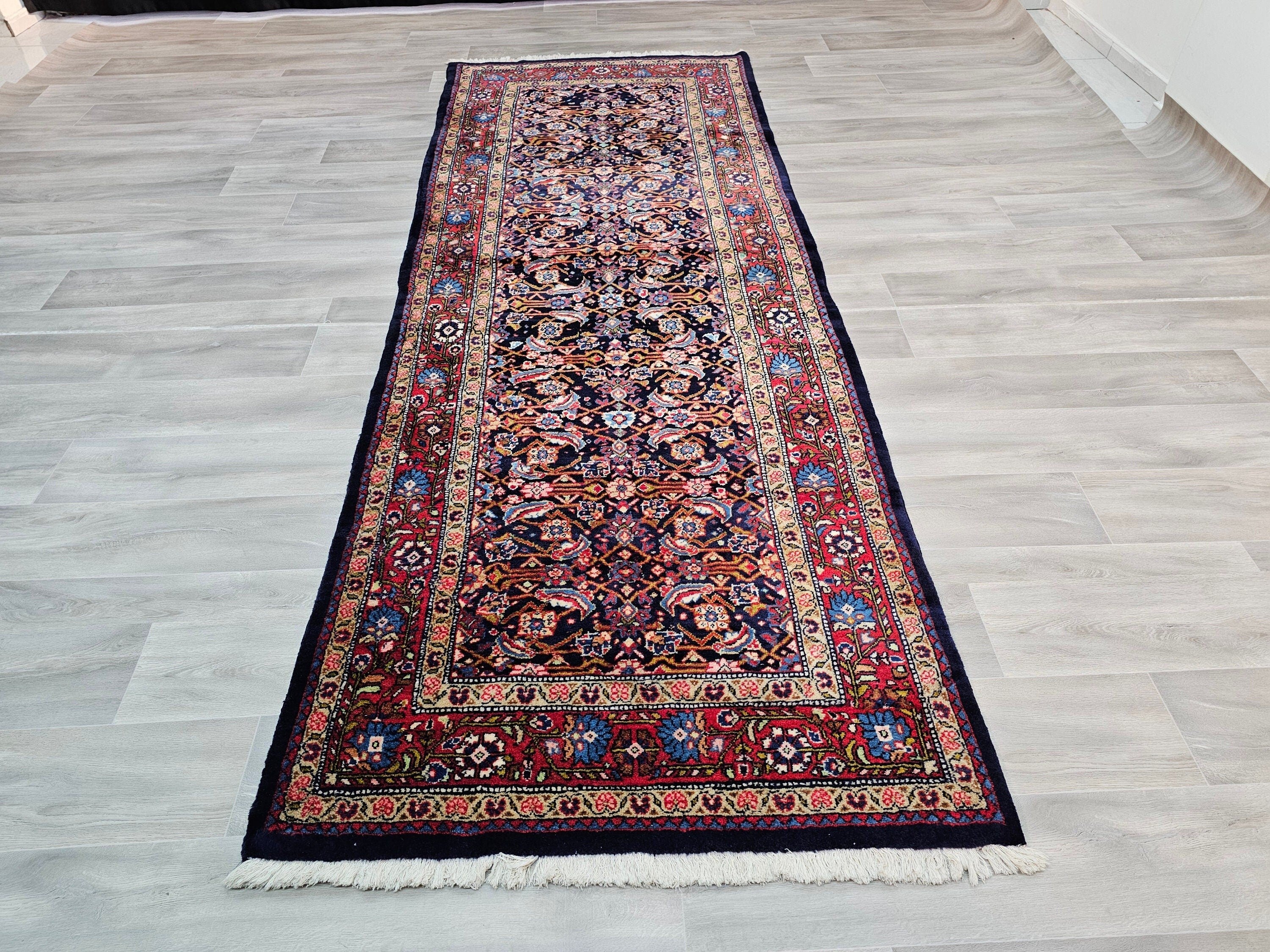 Hand Knotted Wool Turkish Runner Rug: Vintage Anatolian Design (3.90x10.50 ft)