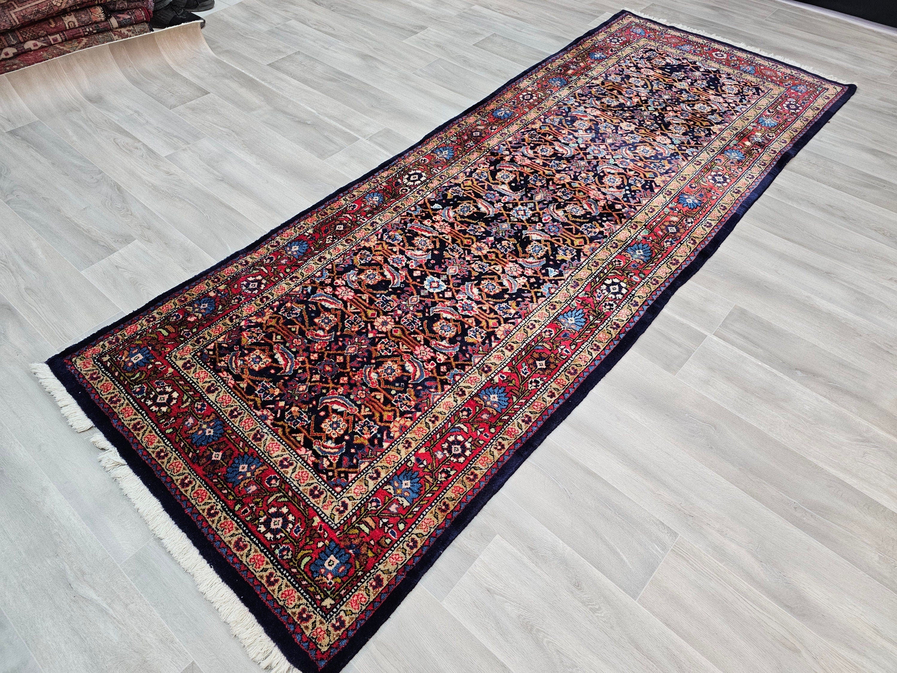 Hand Knotted Wool Turkish Runner Rug: Vintage Anatolian Design (3.90x10.50 ft)