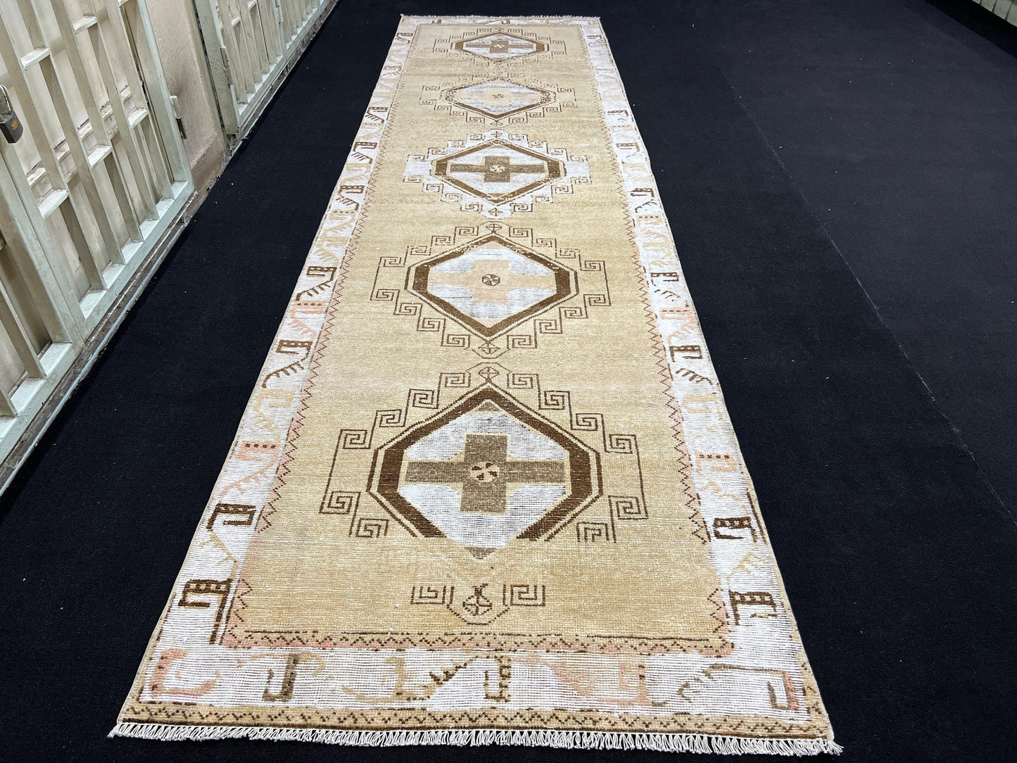 4x13 Wide Turkish Runner RUG / Beige Neutral Oushak Runner / Hand Knotted Wool Vintage Runner Rug / Wide Hallway Runner /3.60x13.25 feet