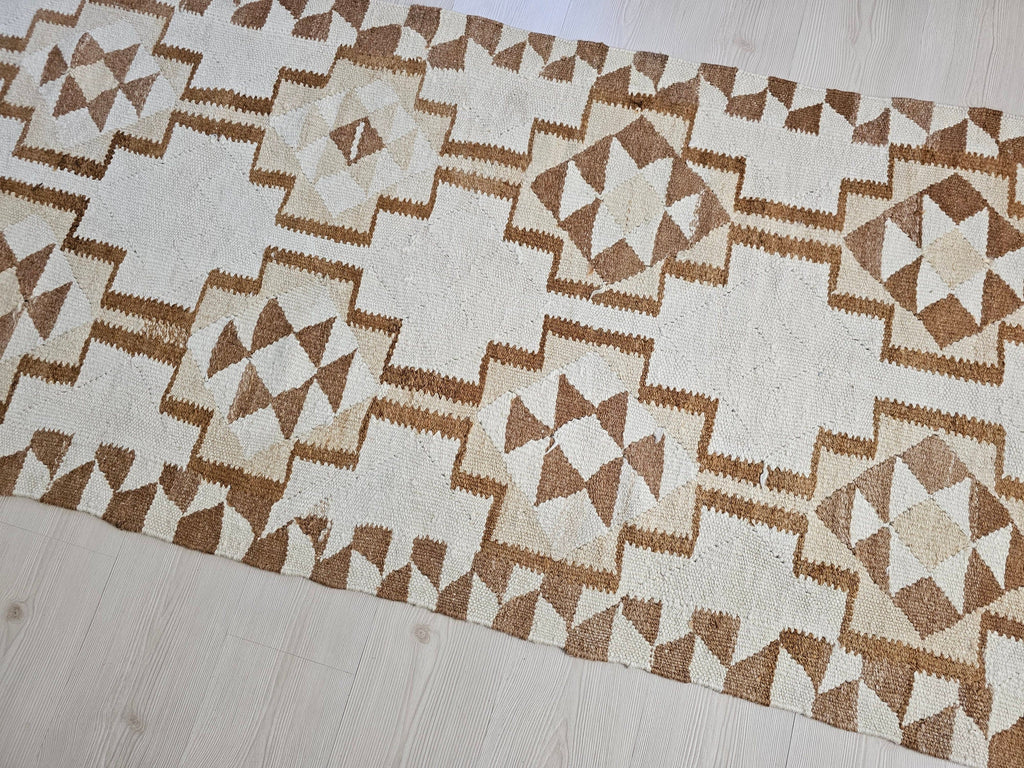 Vintage Wool Oushak Runner Rug: 3x11 Neutral Geometric Turkish Hallway Rug