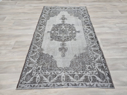 3'9'' x 6'8" Vintage Turkish Rug , HandKnotted Wool Oushak Carpet Gray and Black