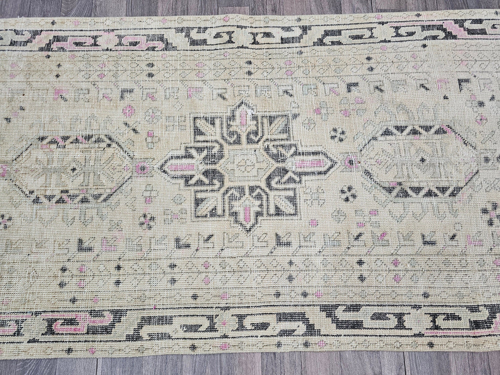 Vintage Turkish Oushak Wool Runner Rug: 3x12 Neutral Hallway Carpet